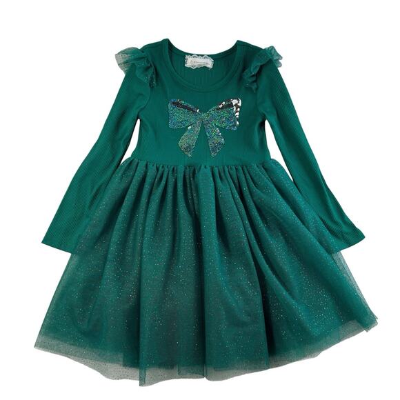 btween Girl 5 Dress Holiday Sparkle Long Sleeve Tulle Ruffles Sequin Bow Glitter - Picture 1 of 9